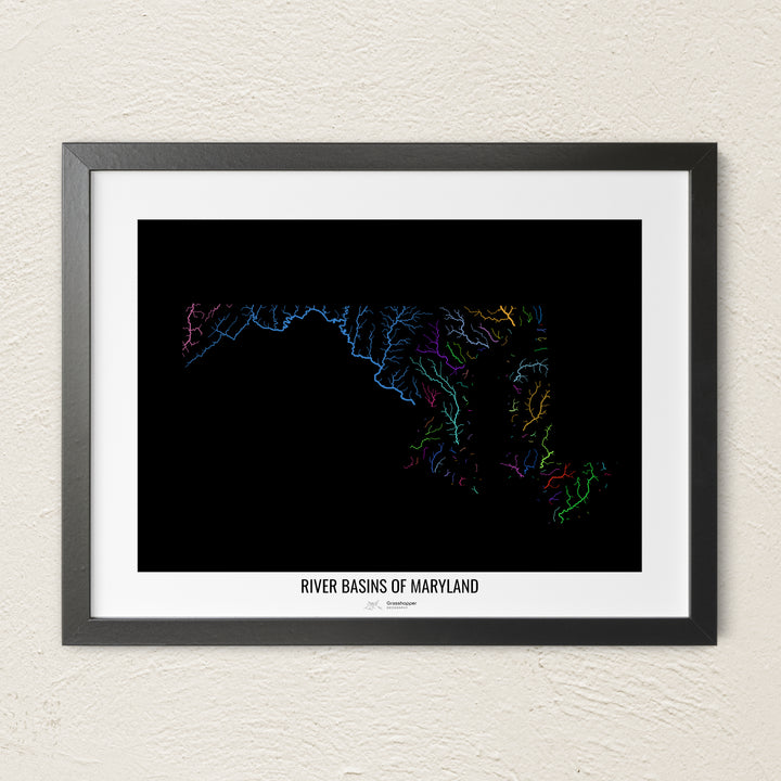 A colorful Grasshopper Geography river map on a light wall. The premium fine art poster is in a black frame with a white border. The name of the country, continent or region is printed under the image.