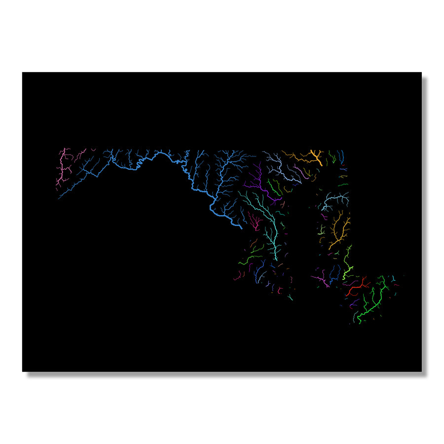 Maryland - River basin map, rainbow colours - Wall Art by Grasshopper Geography. Image of a high-resolution map created by geographer Robert Szucs, available as wall art and for licensing.