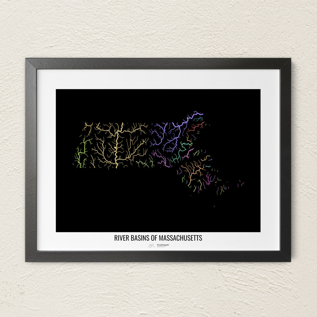 A colorful Grasshopper Geography river map on a light wall. The premium fine art poster is in a black frame with a white border. The name of the country, continent or region is printed under the image.