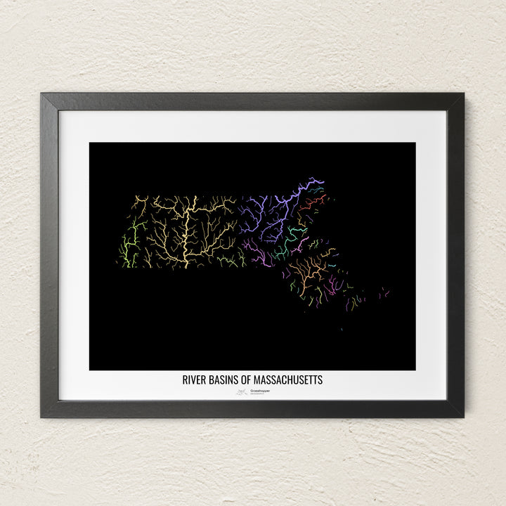 A colorful Grasshopper Geography river map on a light wall. The premium fine art poster is in a black frame with a white border. The name of the country, continent or region is printed under the image.