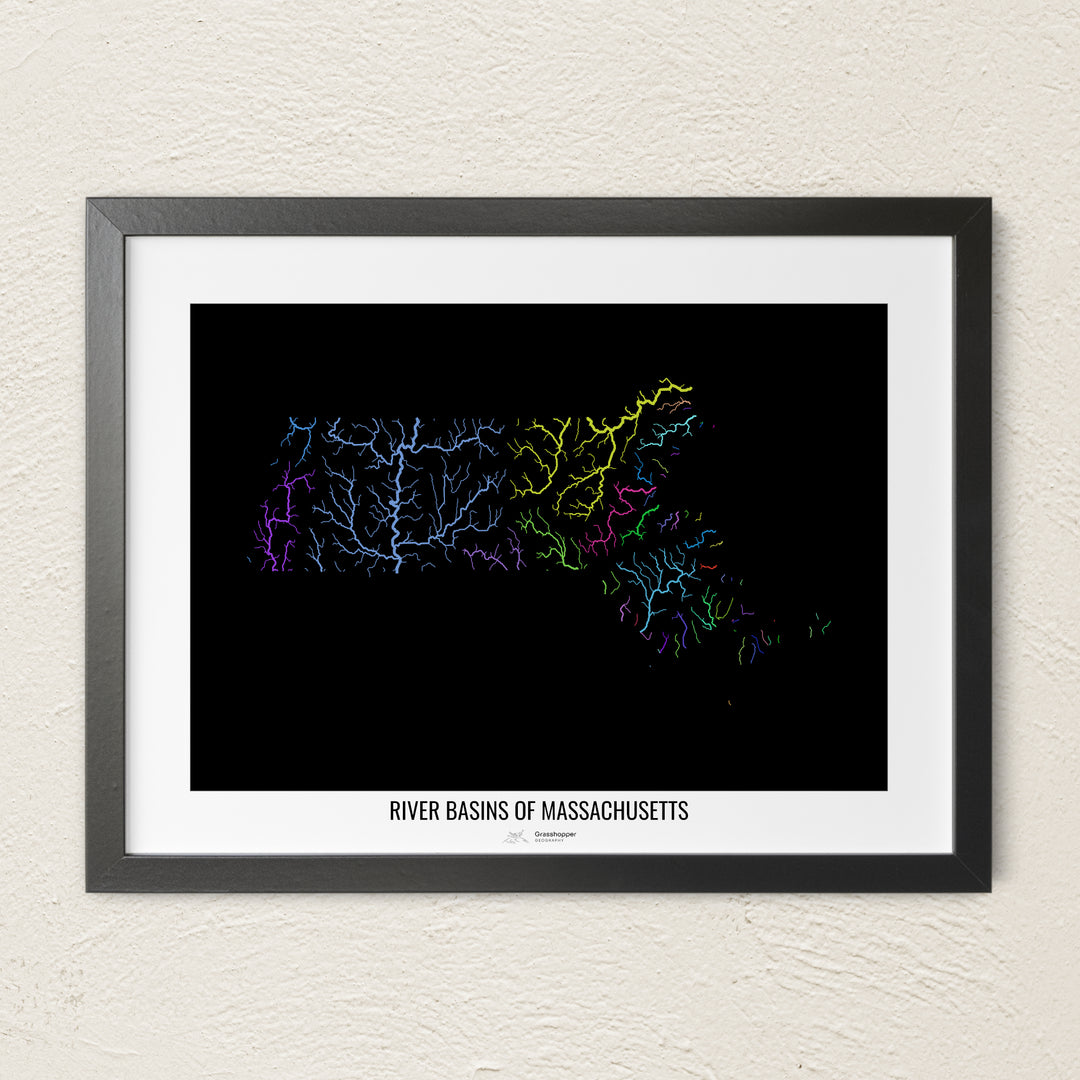 A colorful Grasshopper Geography river map on a light wall. The premium fine art poster is in a black frame with a white border. The name of the country, continent or region is printed under the image.