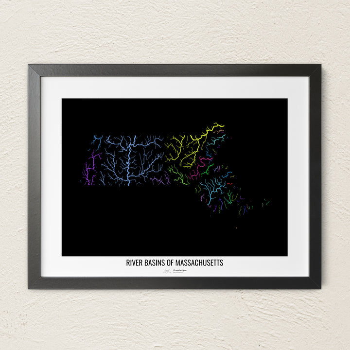 A colorful Grasshopper Geography river map on a light wall. The premium fine art poster is in a black frame with a white border. The name of the country, continent or region is printed under the image.