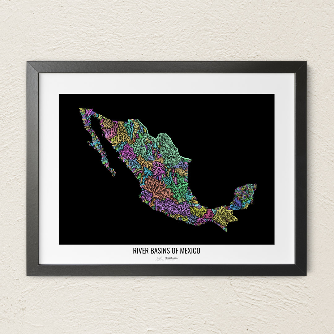 A colorful Grasshopper Geography river map on a light wall. The premium fine art poster is in a black frame with a white border. The name of the country, continent or region is printed under the image.