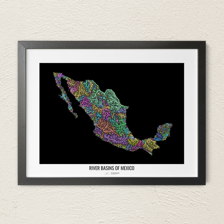 A colorful Grasshopper Geography river map on a light wall. The premium fine art poster is in a black frame with a white border. The name of the country, continent or region is printed under the image.