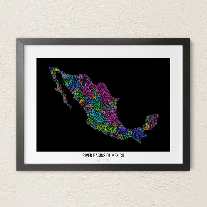 A colorful Grasshopper Geography river map on a light wall. The premium fine art poster is in a black frame with a white border. The name of the country, continent or region is printed under the image.