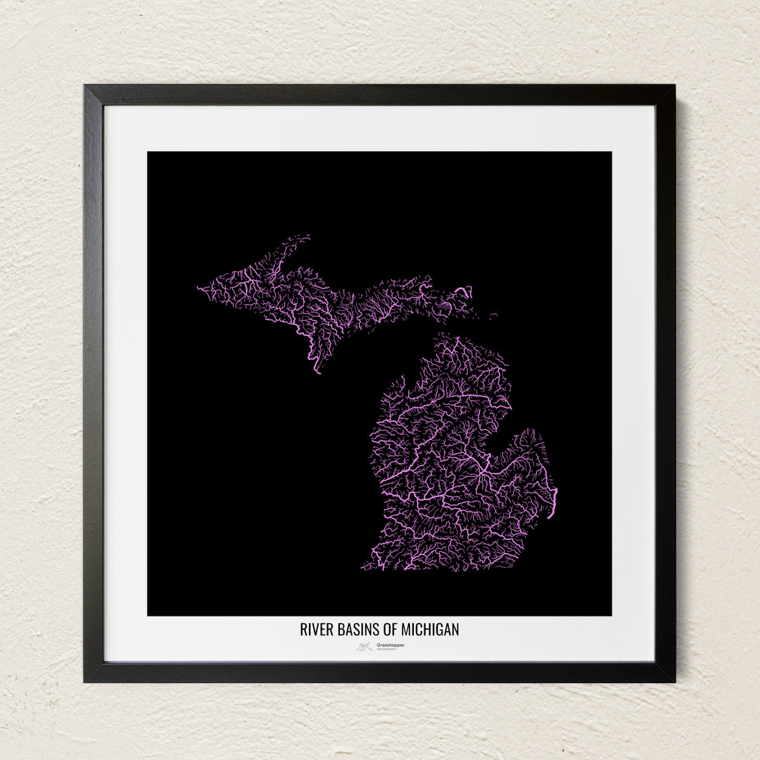 A colorful Grasshopper Geography river map on a light wall. The premium fine art poster is in a black frame with a white border. The name of the country, continent or region is printed under the image.