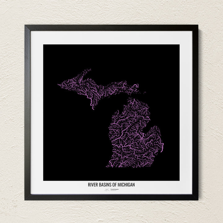 A colorful Grasshopper Geography river map on a light wall. The premium fine art poster is in a black frame with a white border. The name of the country, continent or region is printed under the image.