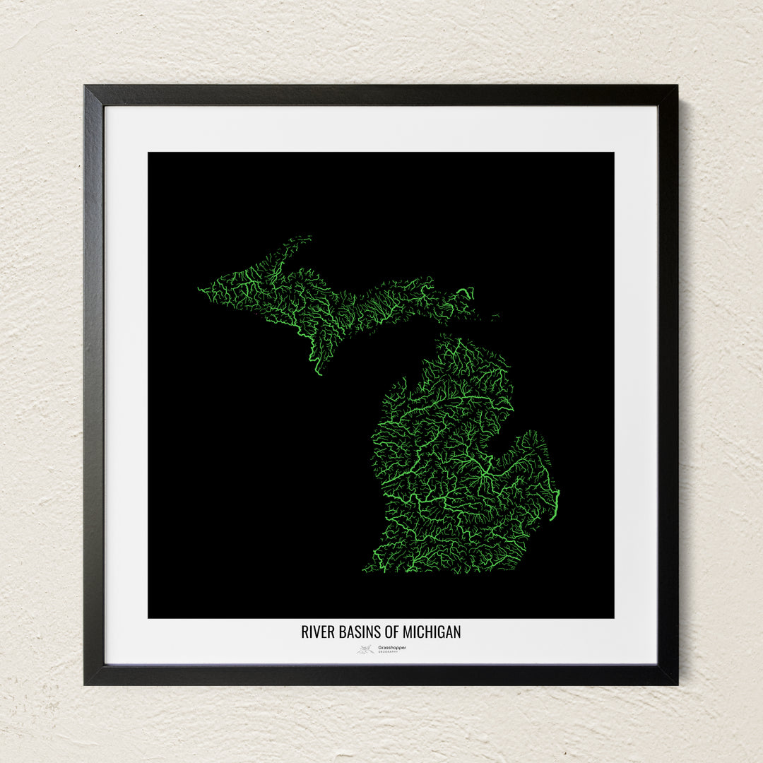A colorful Grasshopper Geography river map on a light wall. The premium fine art poster is in a black frame with a white border. The name of the country, continent or region is printed under the image.