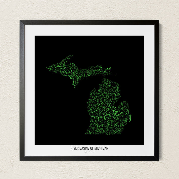 A colorful Grasshopper Geography river map on a light wall. The premium fine art poster is in a black frame with a white border. The name of the country, continent or region is printed under the image.
