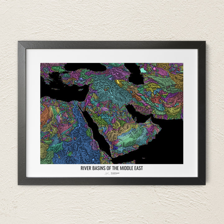 A colorful Grasshopper Geography river map on a light wall. The premium fine art poster is in a black frame with a white border. The name of the country, continent or region is printed under the image.