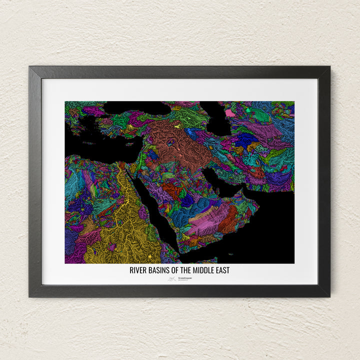 A colorful Grasshopper Geography river map on a light wall. The premium fine art poster is in a black frame with a white border. The name of the country, continent or region is printed under the image.