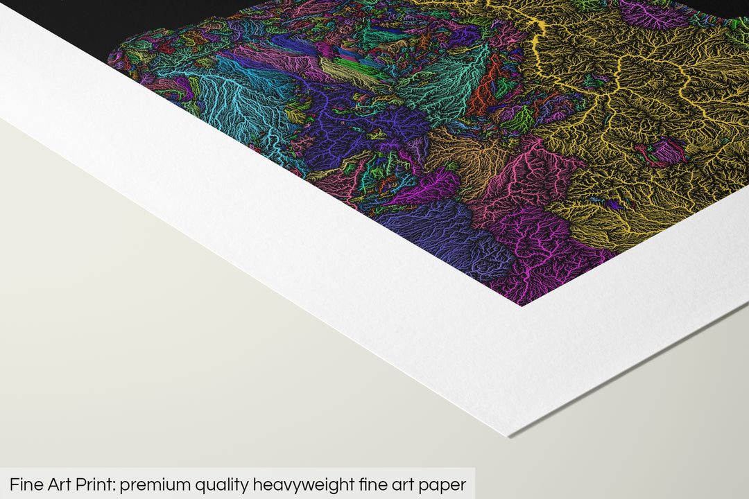 Closeup of a fine art print's corner lying on a flat surface, the details of a Grasshopper Geography map is visible. The text at the bottom reads: Fine art print - premium quality heavyweight fine art paper.