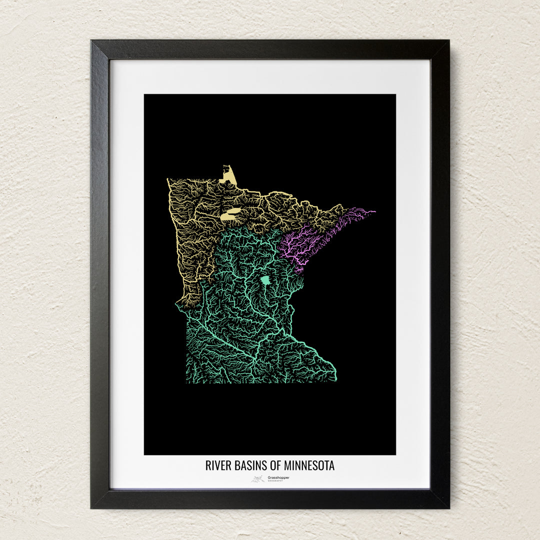 A colorful Grasshopper Geography river map on a light wall. The premium fine art poster is in a black frame with a white border. The name of the country, continent or region is printed under the image.