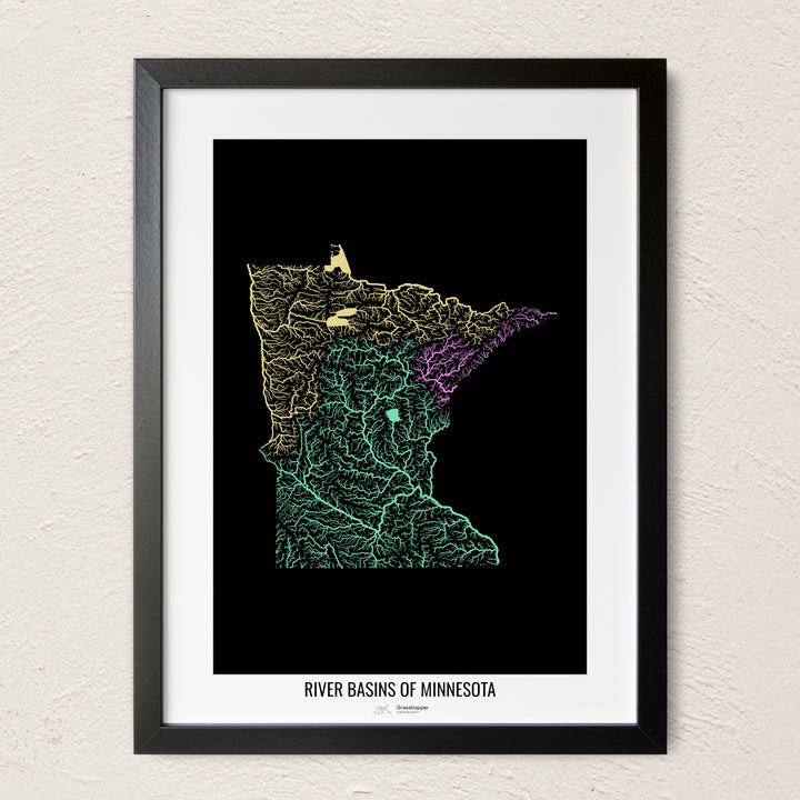 A colorful Grasshopper Geography river map on a light wall. The premium fine art poster is in a black frame with a white border. The name of the country, continent or region is printed under the image.