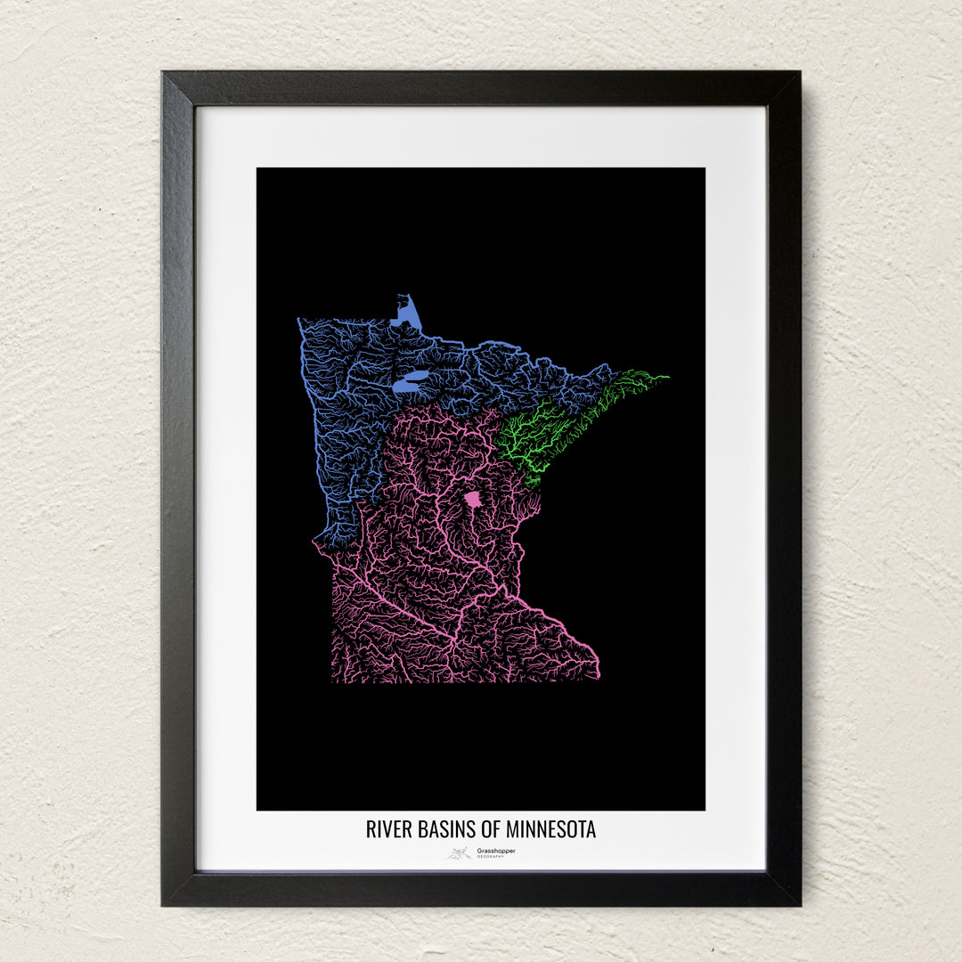 A colorful Grasshopper Geography river map on a light wall. The premium fine art poster is in a black frame with a white border. The name of the country, continent or region is printed under the image.