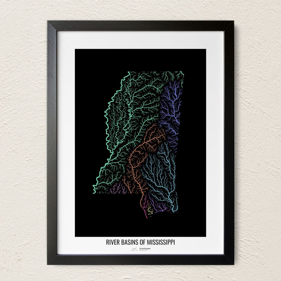 A colorful Grasshopper Geography river map on a light wall. The premium fine art poster is in a black frame with a white border. The name of the country, continent or region is printed under the image.