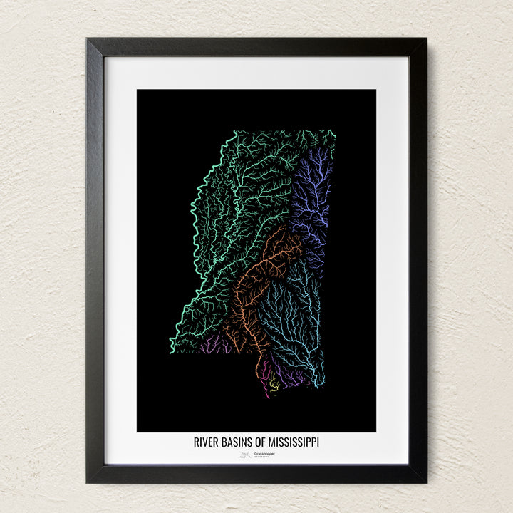 A colorful Grasshopper Geography river map on a light wall. The premium fine art poster is in a black frame with a white border. The name of the country, continent or region is printed under the image.