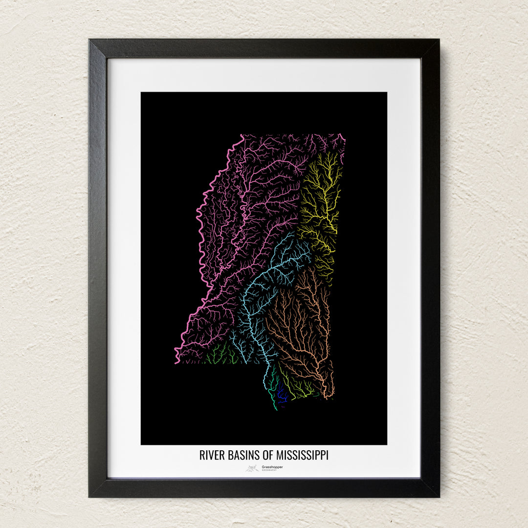 A colorful Grasshopper Geography river map on a light wall. The premium fine art poster is in a black frame with a white border. The name of the country, continent or region is printed under the image.