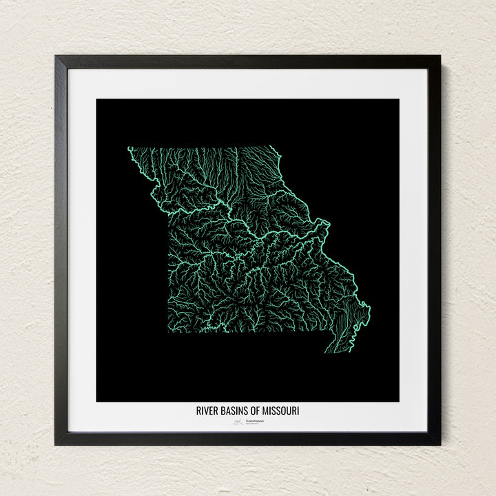 A colorful Grasshopper Geography river map on a light wall. The premium fine art poster is in a black frame with a white border. The name of the country, continent or region is printed under the image.