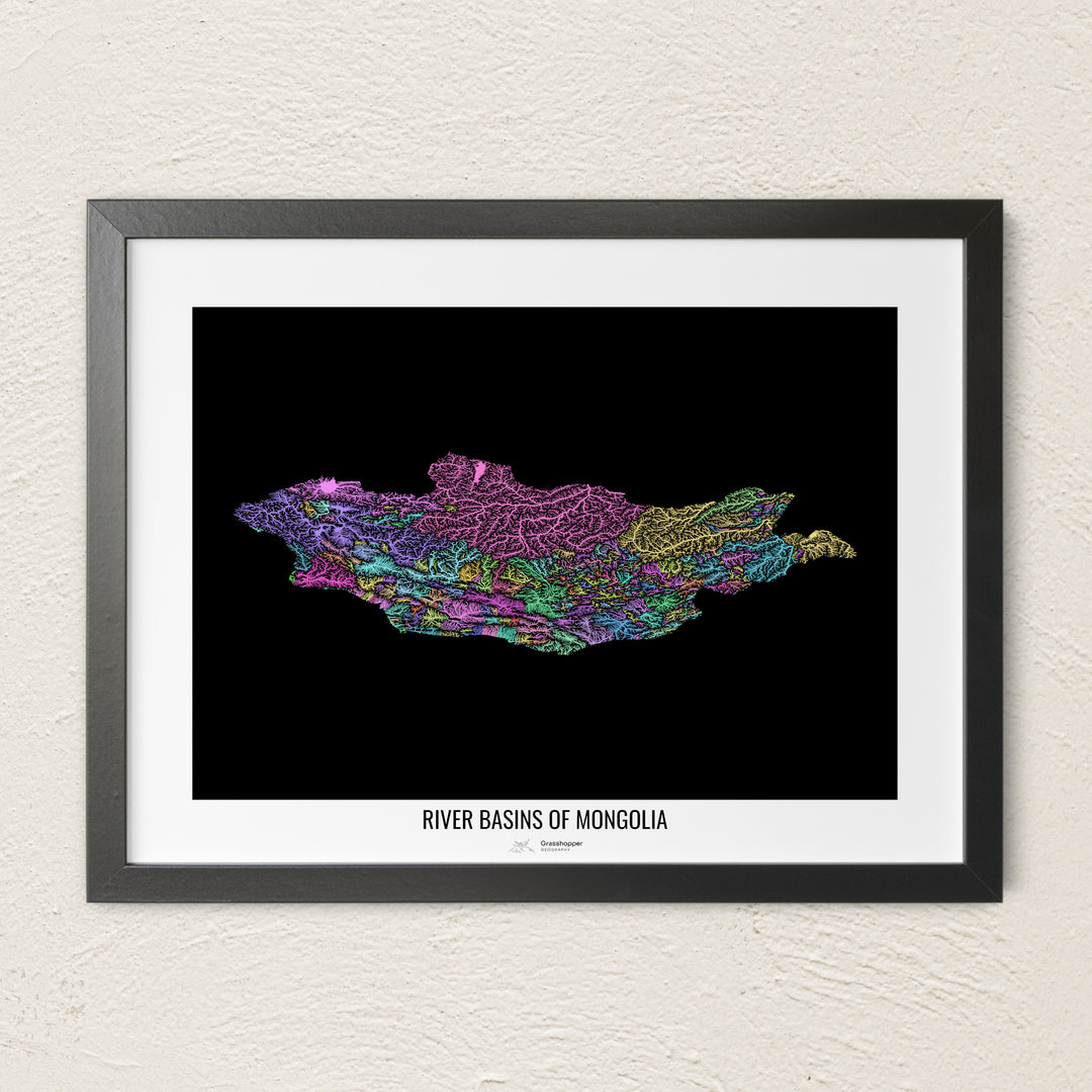 A colorful Grasshopper Geography river map on a light wall. The premium fine art poster is in a black frame with a white border. The name of the country, continent or region is printed under the image.