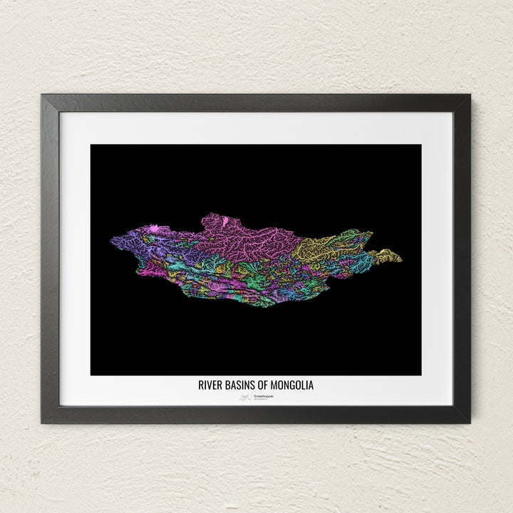 A colorful Grasshopper Geography river map on a light wall. The premium fine art poster is in a black frame with a white border. The name of the country, continent or region is printed under the image.
