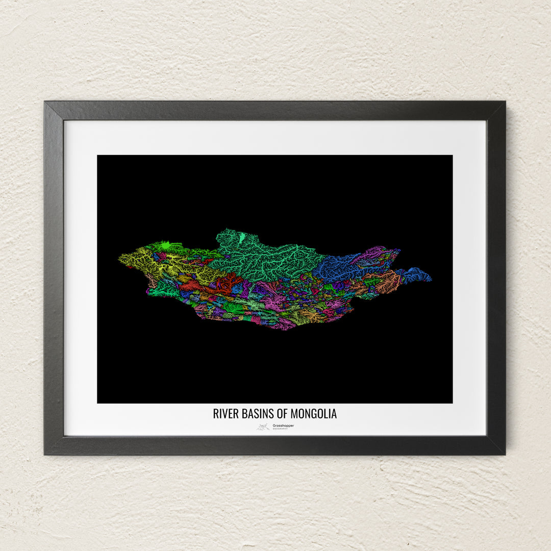 A colorful Grasshopper Geography river map on a light wall. The premium fine art poster is in a black frame with a white border. The name of the country, continent or region is printed under the image.
