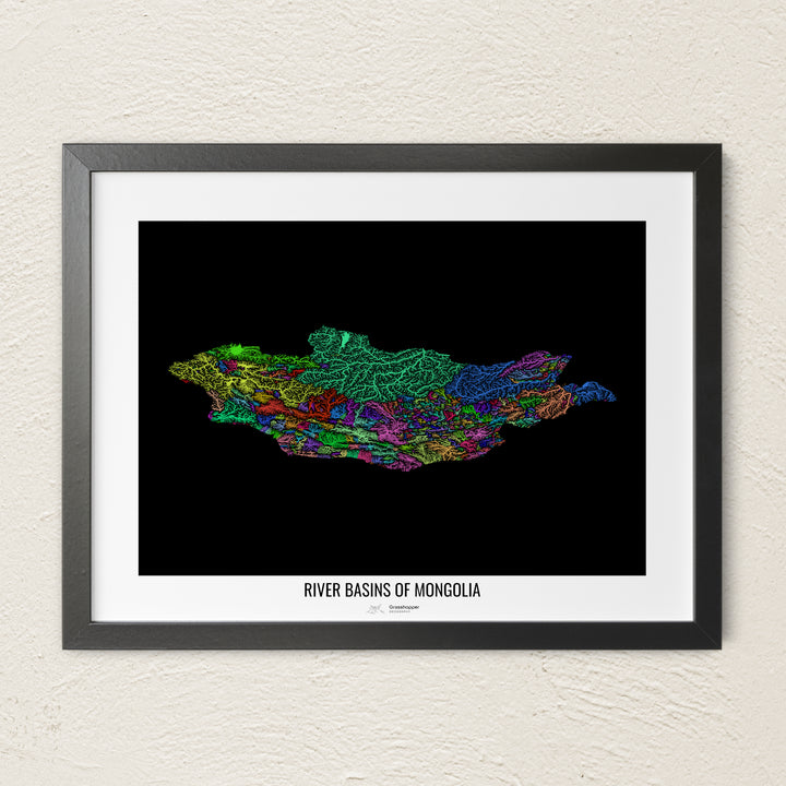 A colorful Grasshopper Geography river map on a light wall. The premium fine art poster is in a black frame with a white border. The name of the country, continent or region is printed under the image.