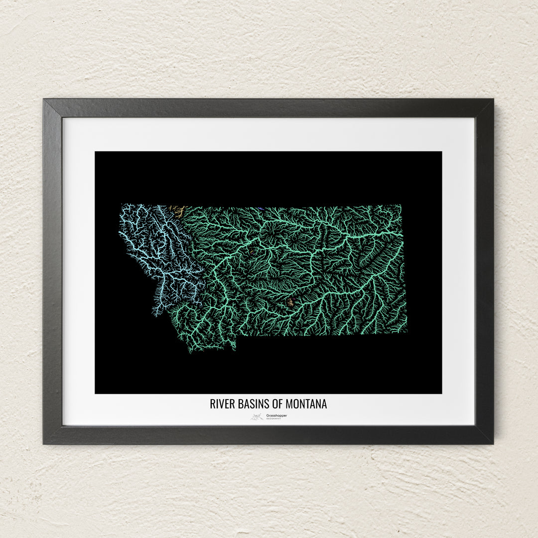 A colorful Grasshopper Geography river map on a light wall. The premium fine art poster is in a black frame with a white border. The name of the country, continent or region is printed under the image.