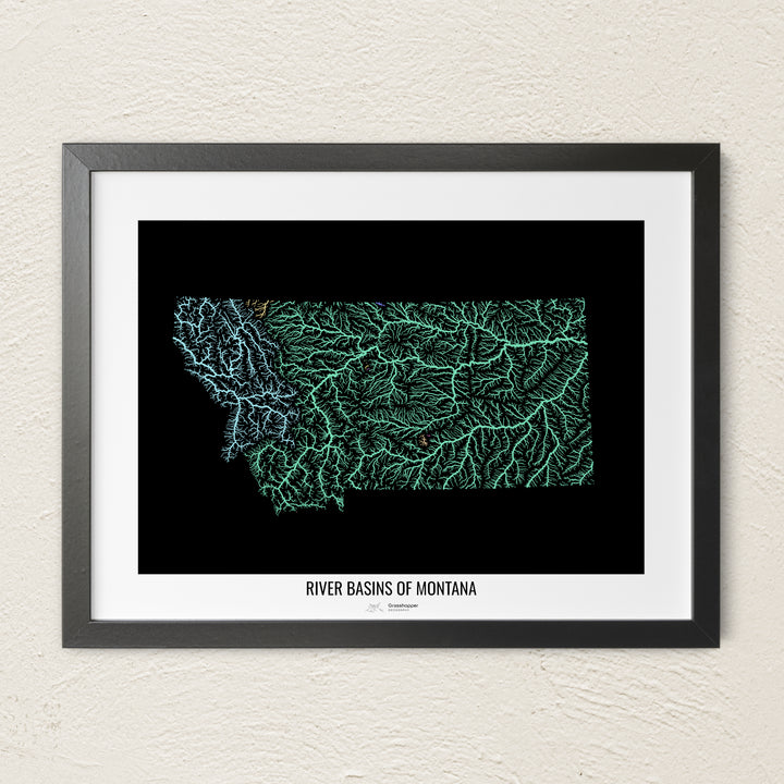 A colorful Grasshopper Geography river map on a light wall. The premium fine art poster is in a black frame with a white border. The name of the country, continent or region is printed under the image.