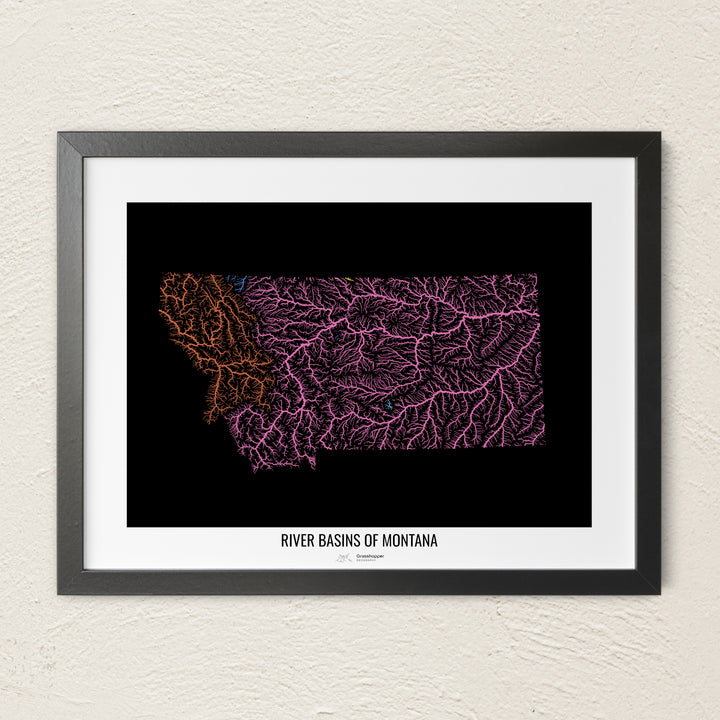 A colorful Grasshopper Geography river map on a light wall. The premium fine art poster is in a black frame with a white border. The name of the country, continent or region is printed under the image.