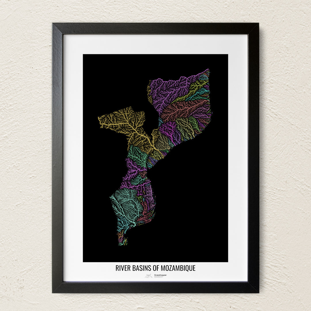 A colorful Grasshopper Geography river map on a light wall. The premium fine art poster is in a black frame with a white border. The name of the country, continent or region is printed under the image.
