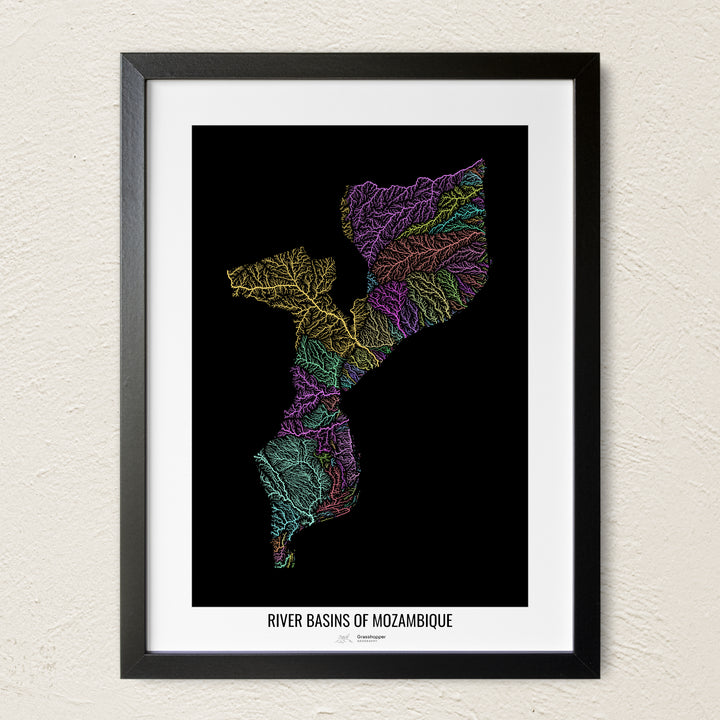 A colorful Grasshopper Geography river map on a light wall. The premium fine art poster is in a black frame with a white border. The name of the country, continent or region is printed under the image.