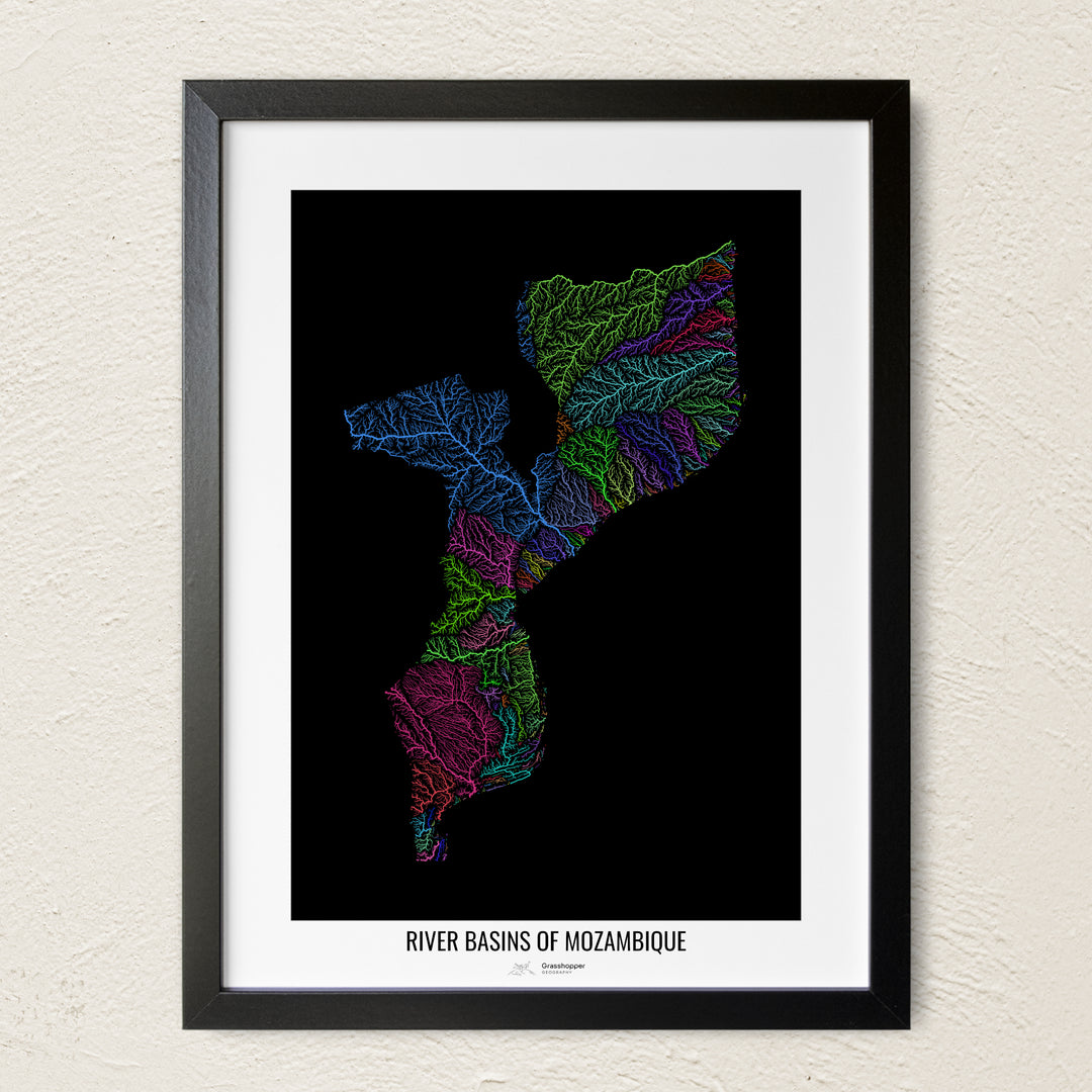 A colorful Grasshopper Geography river map on a light wall. The premium fine art poster is in a black frame with a white border. The name of the country, continent or region is printed under the image.