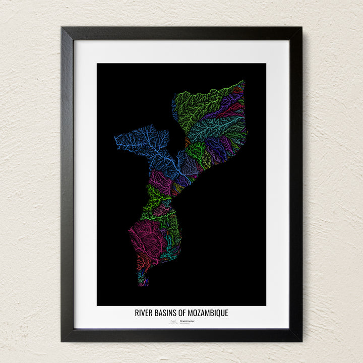 A colorful Grasshopper Geography river map on a light wall. The premium fine art poster is in a black frame with a white border. The name of the country, continent or region is printed under the image.