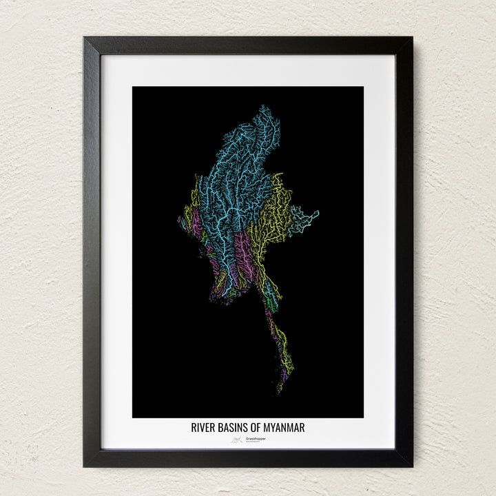 A colorful Grasshopper Geography river map on a light wall. The premium fine art poster is in a black frame with a white border. The name of the country, continent or region is printed under the image.
