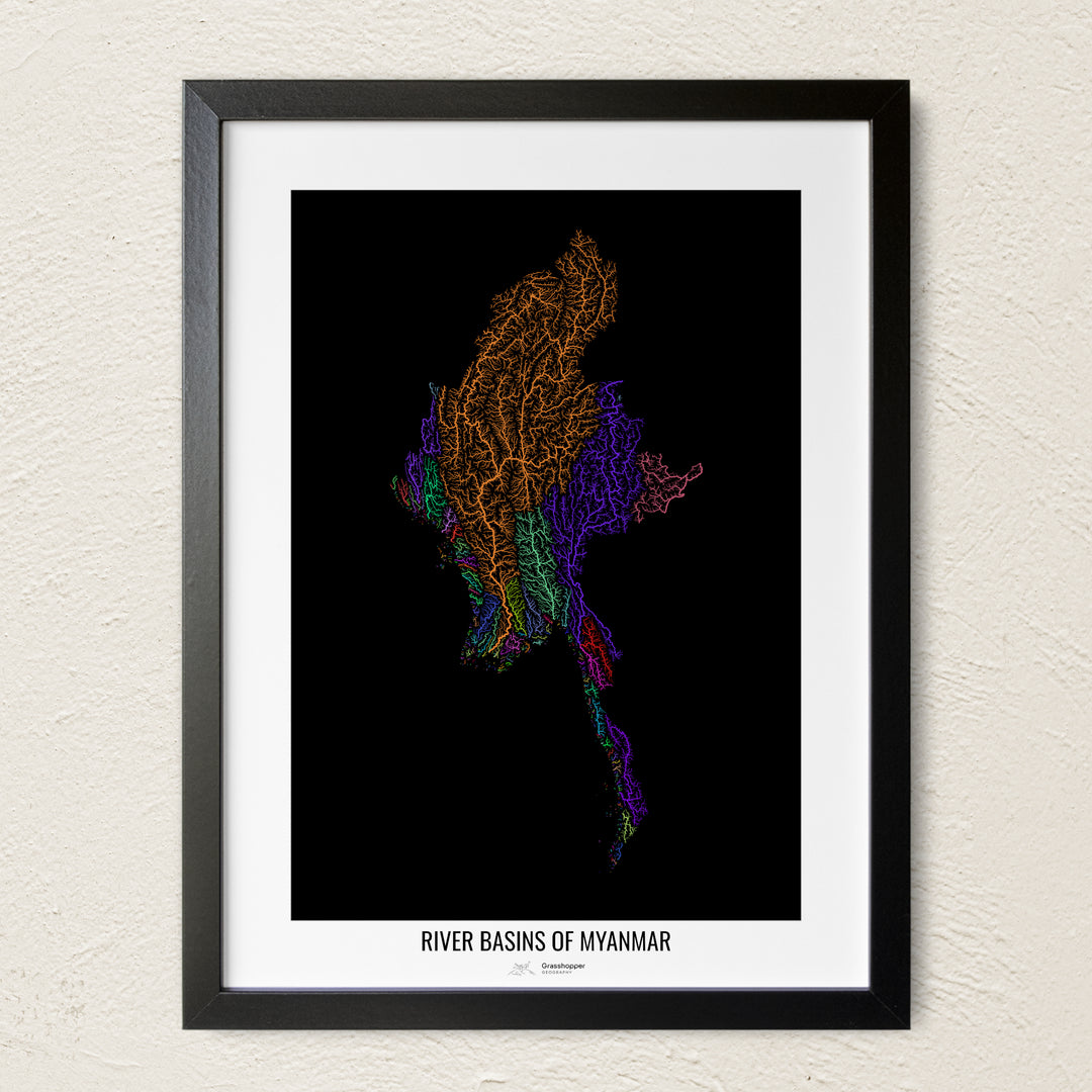 A colorful Grasshopper Geography river map on a light wall. The premium fine art poster is in a black frame with a white border. The name of the country, continent or region is printed under the image.