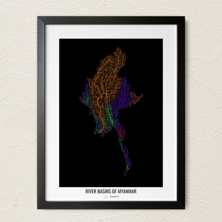 A colorful Grasshopper Geography river map on a light wall. The premium fine art poster is in a black frame with a white border. The name of the country, continent or region is printed under the image.