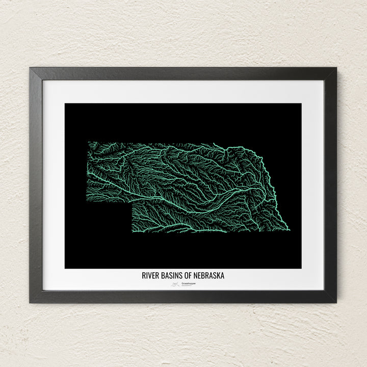A colorful Grasshopper Geography river map on a light wall. The premium fine art poster is in a black frame with a white border. The name of the country, continent or region is printed under the image.