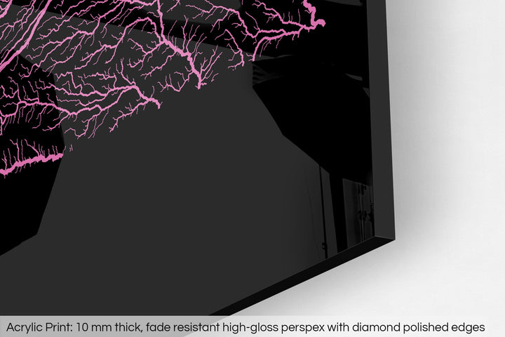 Closeup of an acrylic panel's corner, the details of a Grasshopper Geography map is visible. The text at the bottom reads: Acrylic print - 10 mm thick, fade reistant high-gloss perspex with diamond polished edges.