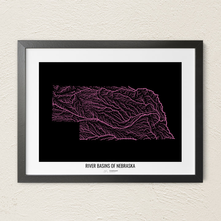 A colorful Grasshopper Geography river map on a light wall. The premium fine art poster is in a black frame with a white border. The name of the country, continent or region is printed under the image.