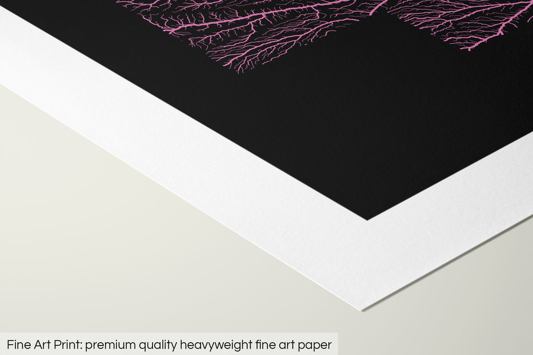 Closeup of a fine art print's corner lying on a flat surface, the details of a Grasshopper Geography map is visible. The text at the bottom reads: Fine art print - premium quality heavyweight fine art paper.