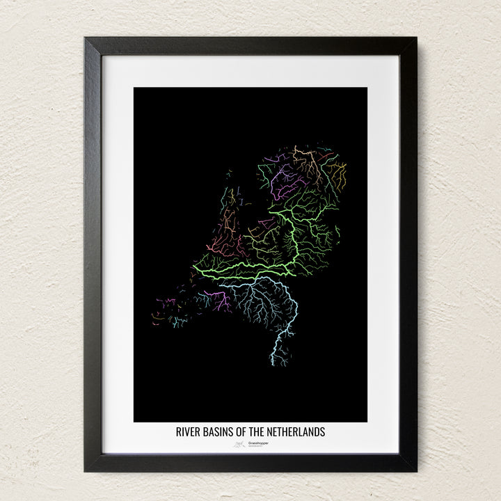 A colorful Grasshopper Geography river map on a light wall. The premium fine art poster is in a black frame with a white border. The name of the country, continent or region is printed under the image.