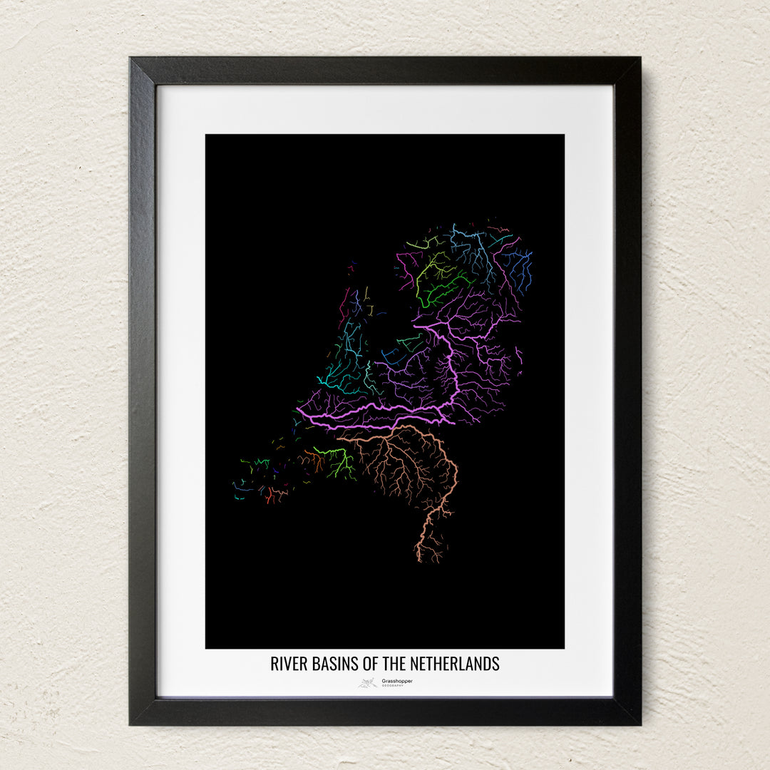 A colorful Grasshopper Geography river map on a light wall. The premium fine art poster is in a black frame with a white border. The name of the country, continent or region is printed under the image.