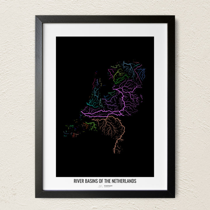 A colorful Grasshopper Geography river map on a light wall. The premium fine art poster is in a black frame with a white border. The name of the country, continent or region is printed under the image.