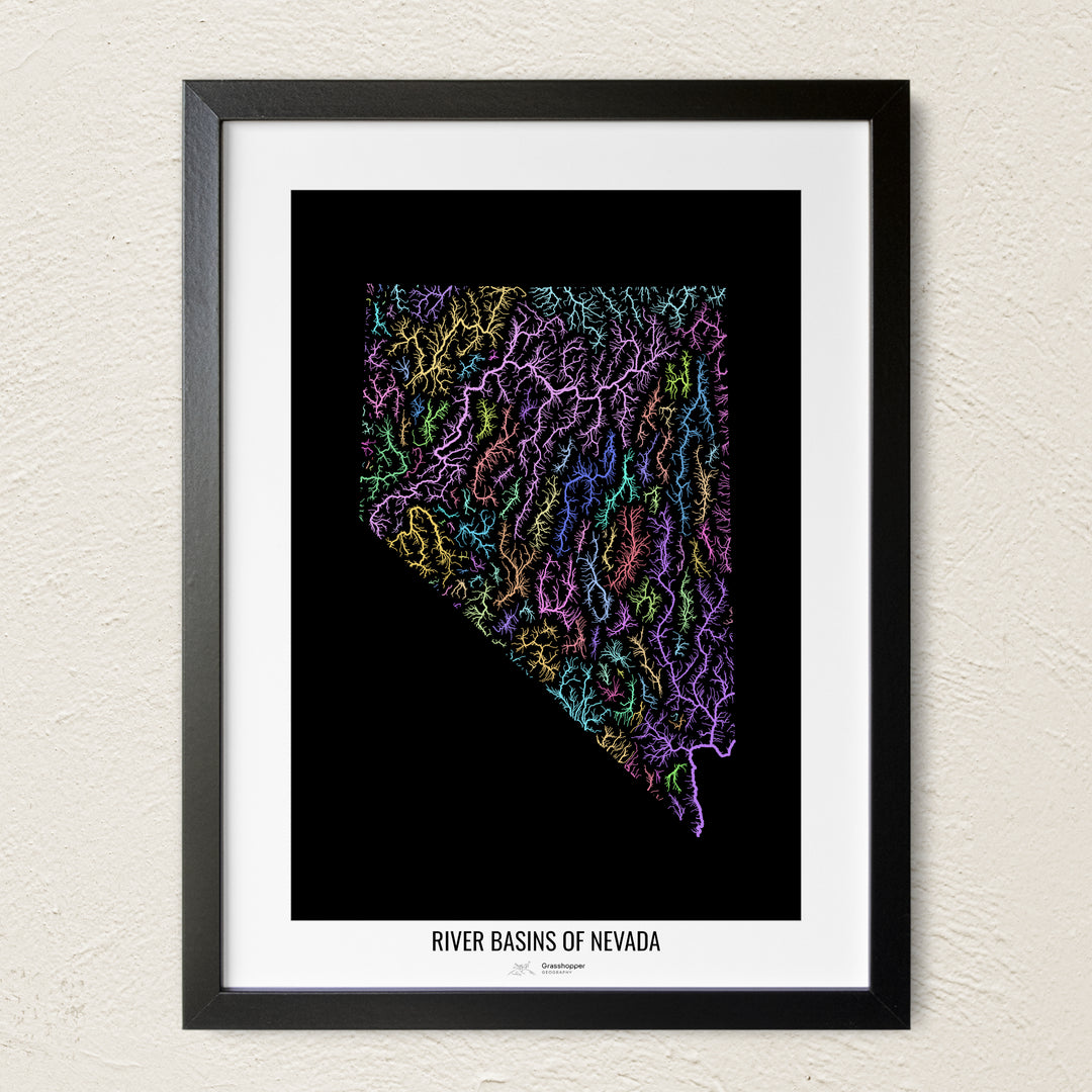 A colorful Grasshopper Geography river map on a light wall. The premium fine art poster is in a black frame with a white border. The name of the country, continent or region is printed under the image.