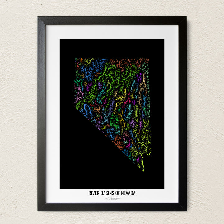 A colorful Grasshopper Geography river map on a light wall. The premium fine art poster is in a black frame with a white border. The name of the country, continent or region is printed under the image.