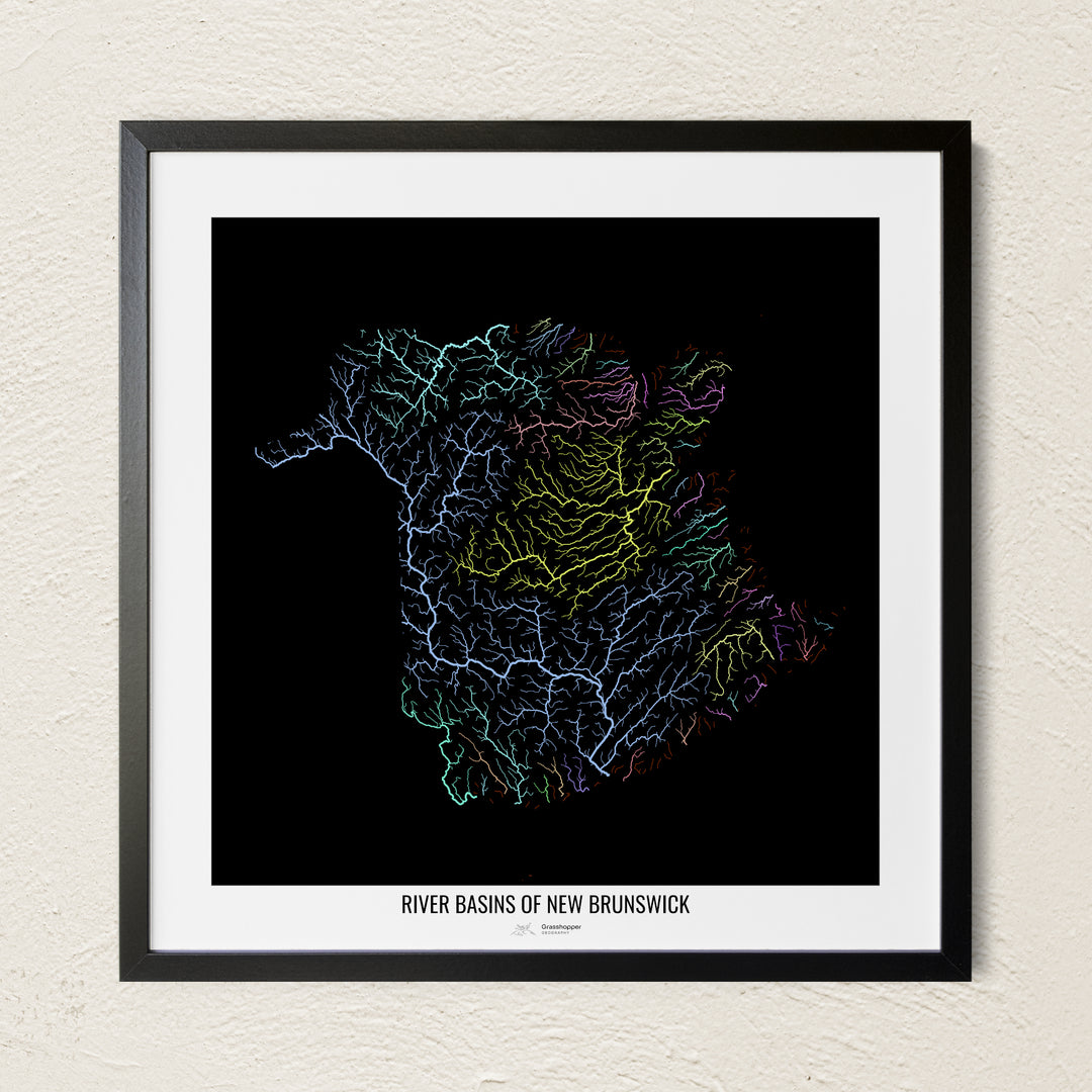 A colorful Grasshopper Geography river map on a light wall. The premium fine art poster is in a black frame with a white border. The name of the country, continent or region is printed under the image.