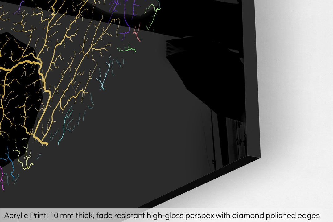 Closeup of an acrylic panel's corner, the details of a Grasshopper Geography map is visible. The text at the bottom reads: Acrylic print - 10 mm thick, fade reistant high-gloss perspex with diamond polished edges.