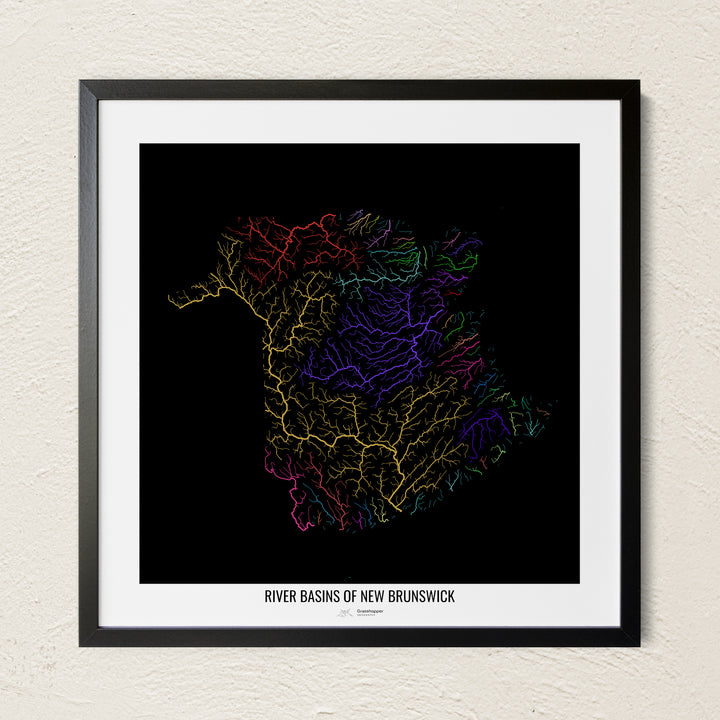 A colorful Grasshopper Geography river map on a light wall. The premium fine art poster is in a black frame with a white border. The name of the country, continent or region is printed under the image.