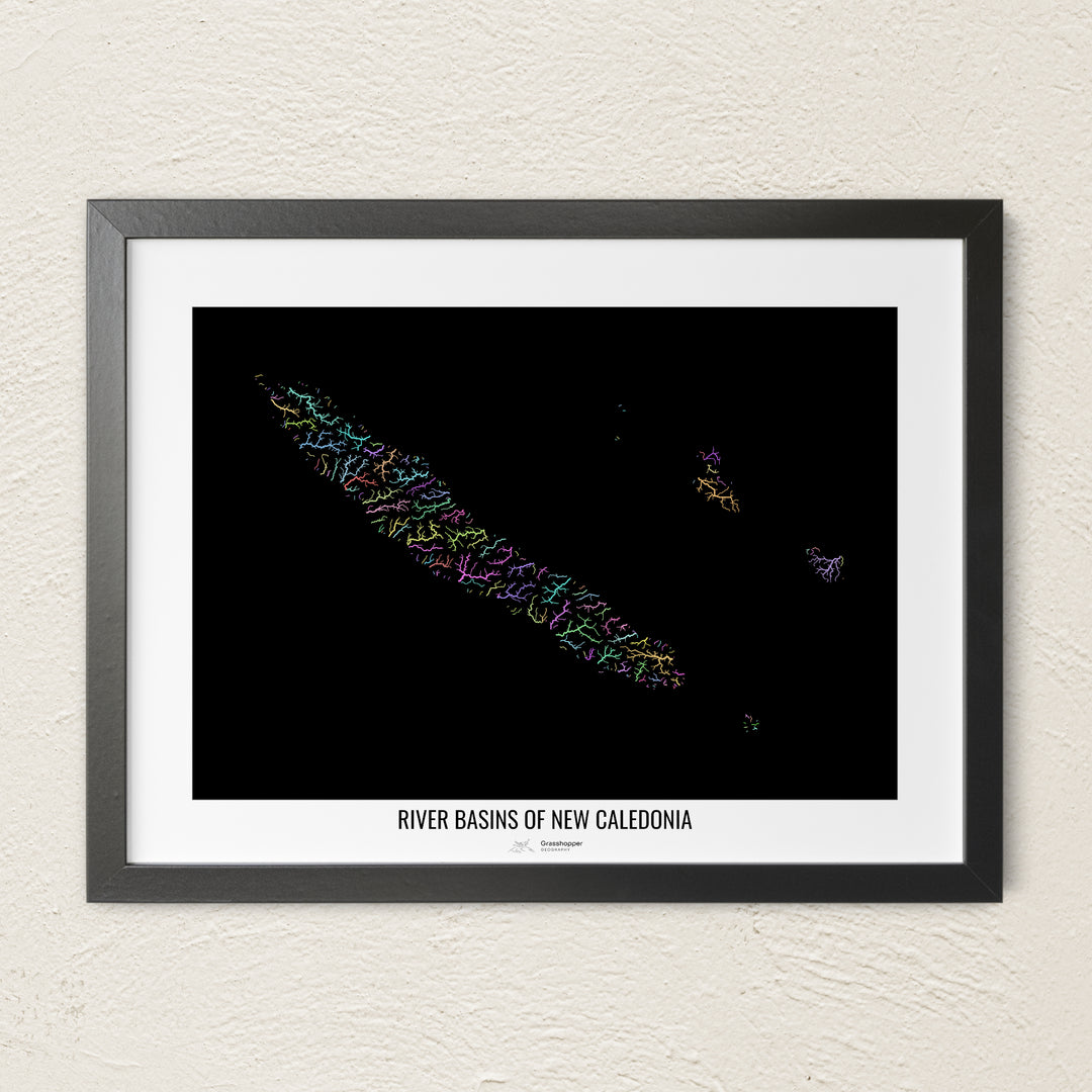 A colorful Grasshopper Geography river map on a light wall. The premium fine art poster is in a black frame with a white border. The name of the country, continent or region is printed under the image.